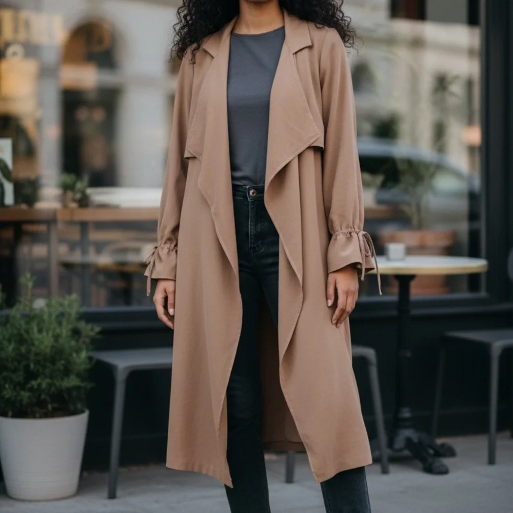 MELLODAY Camel Trench Coat with Tie Sleeves - Picture 2 of 7